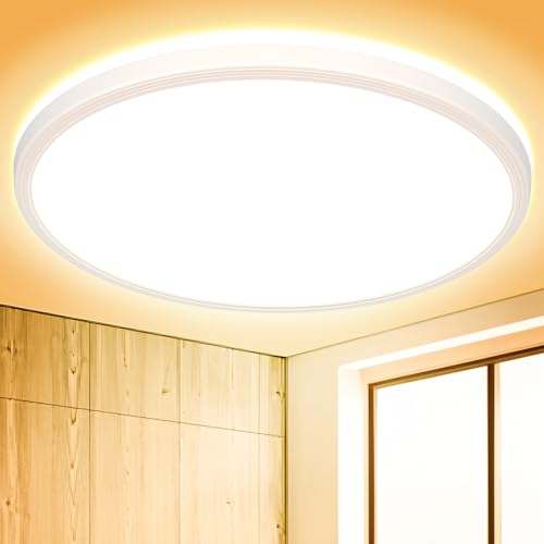 Deckenlampe LED Deckenleuchte Flach Rund - 18W 3000K 1600LM IP44 Modern Warmweiss Led Lampe Badezimmer Badlampe Decke Küchenlampe für Bad Flur Schlafzimmer Wohnzimmer Balkon Treppe Keller Dünn Ø223mm