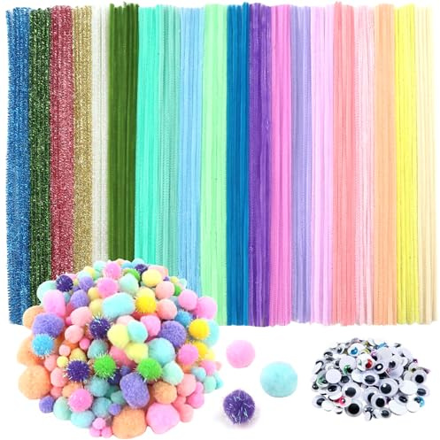 TOAOB 500 Stück Bunt Pfeifenreiniger Set 20 Farben Pfeifenputzer zum Basteln | Pfeifenputzer zum Basteln Chenilledraht Pompons und Selbstklebend Wackelaugen Verschiedene Größen, für Handwerk Dekoration