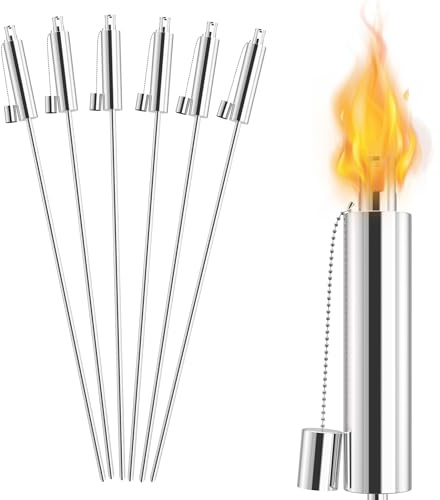 FIVMEN 6 Stück Gartenfackel Edelstahl Öllampe Öl 330ml mit Glasfaserdocht und Dochte Ölfackeln Fackeln Gartenfackeln für Draußen Garten 115 cm Hoch
