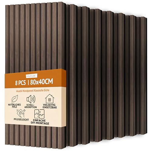 WALPLUS 8er-Pack Dunkelheit Oak Akustikpaneele 80x40cm Wandpaneele Holz Ästhetisches Dekor Lärmreduzierung Holzwandpanele 3 Seiten Holzfurnier Ausführung Akustik Wandpaneel für Wohngebäude Gewerbe