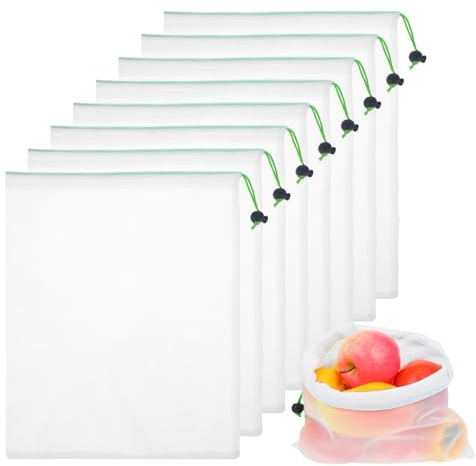 KALIONE 8 Stück Obst Gemüse Groß Netztasche Netz Wiederverwendbar Einkaufstasche Netzbeutel mit Kordelzug für frisches Gemüse, durchsichtige Netzbeutel für Obst und Gemüse zur Aufbewahrung