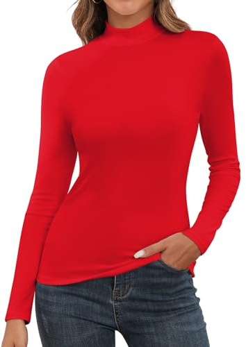 SERSARY Camiseta Cuello Alto Mujer Canalé Manga Larga Basicas Long Sleeve Top Women Fina Jersey Cuello Vuelto Transpirable Camisetas Pullover Ajuste Clásico Mujer Punto Suave Suéter,Rojo,S