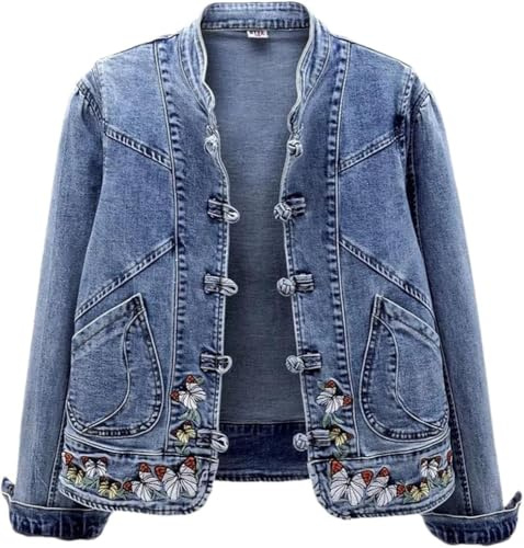 Veste en Jean brodée de Boutons pour Femmes Mode décontractée Veste en Jean imprimée Papillon Doux vêtements pour Femmes avec Poches Haut boutonné élégant Mignon (Bleu,XL)