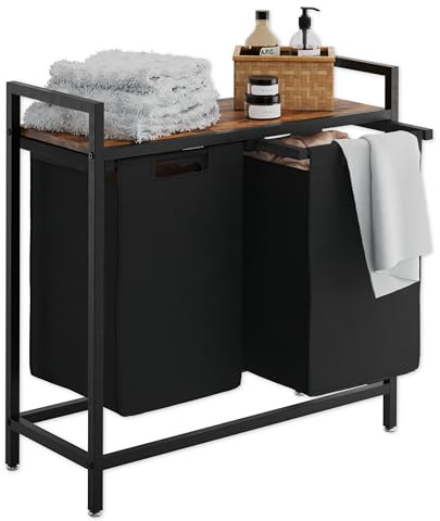 Lenmar, LS1, Wäschekorb 2 Fächer, Wäschesammler mit Ablage, Wäschebox, abnehmbare Taschen, Wäschesack aus Oxford-Gewebe, abnehmbar, Metallrahmen, 48 Liter x 2, 73 x 30 x 73 cm, Braun+schwarz