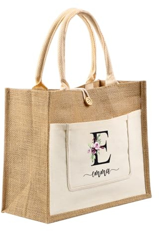 Jeweidea Personalisierte Jutetasche Gravierte Namen und Großbuchstaben Damen Tote Bag Tragetasche Einkaufstasche Shopper für Picknick Camping Strand Hochzeit Personalisiertes Geschenk