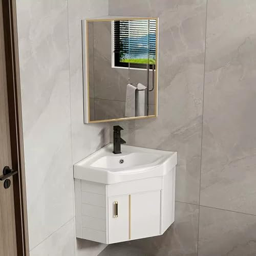 LLZJDDPLY Badmöbel Set mit spiegelschrank, Eckwaschbecken mit unterschrank, mit Spiegelschrank und Warm und Kaltwasserhähnen, Badmöbel Set for kleine bäder(White,48cm/19in)