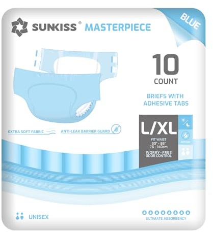 SUNKISS MASTERPIECE Couches Adultes avec Absorption Ultime, Culottes d’incontinence Jetables Unisexes pour Femmes et Hommes, Protection Pendant la Nuit, Bleu, Taille L/XL, 10 Unités