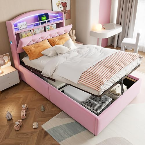 Gegtuon Einzelbett Kinderbett 90x200 mit LED-Licht, USB-Polsterbett für Kinder, Hydraulisch Bett mit Stauraum Kopfteil, Funktionsbett Jugendbett Bettgestell mit Lattenrost, ohne Matratze, Samt (Rosa)