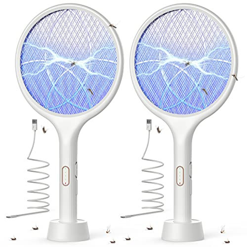 YISSVIC Racchetta Zanzare Elettrica 4000 V, 1500 mAh, USB Ricaricabile con LED 2 in 1, Rete di Protezione a 3 Strati, Adatta per Casa Giardino Campeggio Interni ed Esterni, Bianco, 2 Pezzi