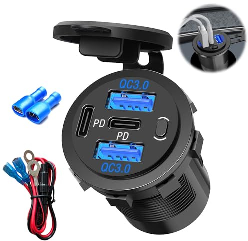 Mineup Prise USB 12V, Prise De Chargeur De Voiture Double Port, USB/QC3.0 Et PD/Type-C Double Prise De Chargeur pour 12V/24V Voitures Bateaux Moto