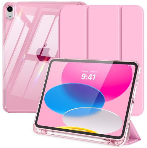 MoKo Cover Custodia per iPad A16, iPad 11/10 Gen 11/10.9, Fiore Rosa | Portapenna, Supporto Tri-Pieghevole, Retro in TPU Trasparente, Auto Svegliati/Sonno, Resistente All'ingiallimento