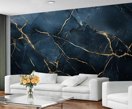 YXQAIED Marble Wallpaper, Abstract Marble Wallpaper for Living Room, Golden Crack Bedroom Wall Paper, Not Self Adhesive Luxury Black Gold 3D Large Mural & Home Decor Poster, 200x140cm