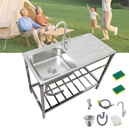 Bliajkswyr Freistehende Spüle mit Batterie Camping Spüle Universalspüle Edelstahlspüle 1 Fach 75x40x75cm Multifunktionswaschtisch Spültisch Wetterfest für Hotelküche Home Restaurant Wäscherei