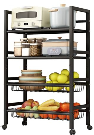 LEAIJIAFY 4-Tier Rolling Metal Storage Cart Mobile Organizer with Removable Grid Basket and Locking Wheels, Suitable for Multiple Uses, Black (Large)