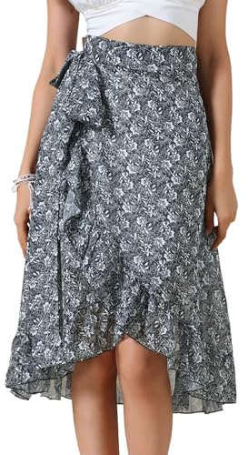Allegra K Women Floral Wrap Asymmetrical Hem High Waist Beach Midi Skirt