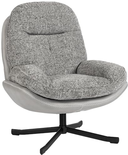HOMCOM Sillón Giratorio Moderno, Butaca de Salón con Base Cruz, Tapizado en Chenilla y Cuero PU, Asiento Ancho Doble, Patas de Acero y Reposabrazos, Sillón Relax para Sala de Estar, Dormitorio, Gris