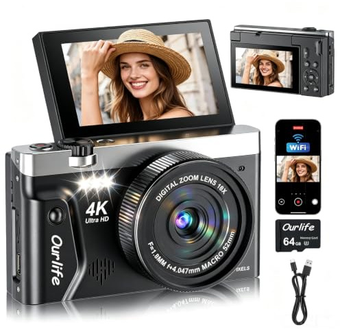 Ourlife Fotocamera digitale 4K 75 MP per fotografia, 2026 fotocamera WiFi Vlogging per YouTube con schermo flip a 180° da 3 pollici, zoom 18x, luce di riempimento compatta, per adolescenti