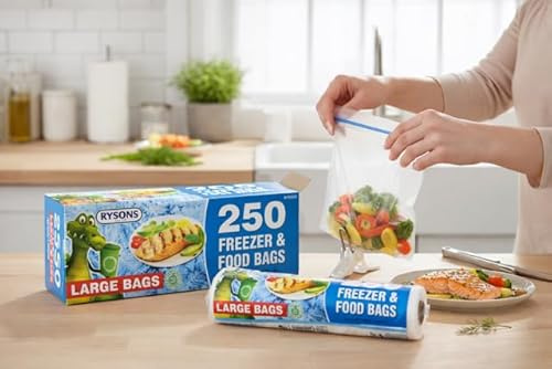Rysons Large Freezer & Food Bags, 250 Pack, Clear Plastic, 22 x 28cm, Resealable, Zip Lock, Food Storage