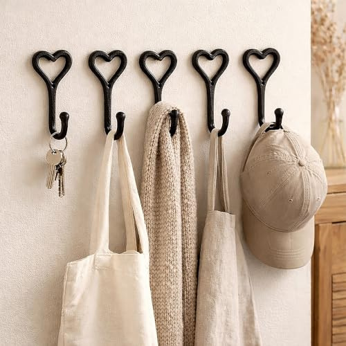 Homezone 5pc Vintage Stil schwarz Gusseisen Wandmontage Loveheart Mantel Haken Zuhause Aufbewahrung Haken Ständer Wand Aufhängung Rustikale Haus oder Garten Dekoration Wand Skulptur