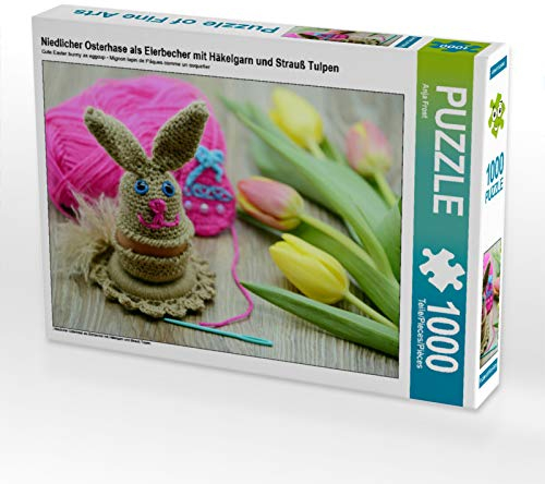 CALVENDO Puzzle Mignon Lapin de Pâques en coquetier avec Fil au Crochet et Bouquet de Tulipes 1000 Pieces 64 x 48 cm from Anja Frost