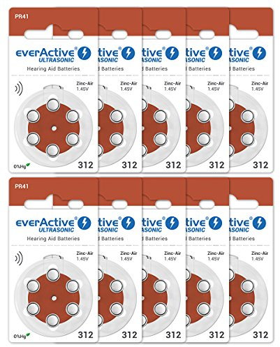 everActive 312, 60 batterie per apparecchi acustici, ad alta potenza, batterie zinco-aria, 10 blister, durata di 4 anni, marrone, Ultrasonic PR41