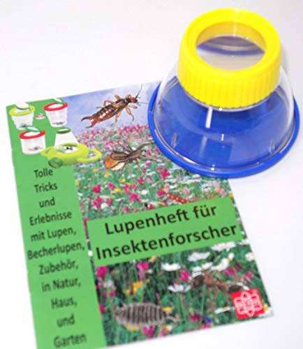 MEDUP Bunte große Becherlupe gelb-blau Lupendose 6X Vergrößerung mit Lupenheft für Entdecker