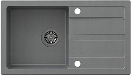 VBChome Spüle 77 x 44 cm Grau Granit Einzelbecken Einbauspüle Abtroffläche gesprenkelt reversibel Verbundspüle + Siphon Spülmittelspender