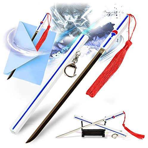 Anime Brieföffner – Sasuke Katana Schwert Brieföffner mit Scheide und Ständer, Miniatur Anime Katana, Edelstahl, Anime Geschenk für Fans & Sammler