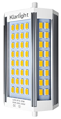 Klarlight Lampadina LED R7s, 118 mm, 30 W, dimmerabile, luce bianca calda, 3000 K, 3000 lm, tipo J, doppia lampadina J118, lampadina a LED di ricambio 200 W – 300 W, lampadina alogena J118 T3, AC 220