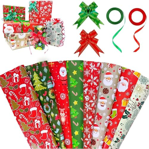 Carta imballaggio Natalizia set, Con Nastri natalizi e Fiocchi regalo, 8 Pcs Carta da Regalo ​Natale, Carta Natale per Regali Carta da Pacchi Rossa, Collezione Di Elementi Natalizi Carta Regalo