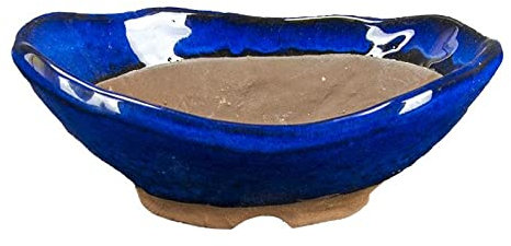 Morrisan Japanische Bonsaischale oval aus blau glasiertem Steinzeug 13x8,5x3-4 cm - B08-20