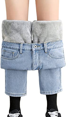 ORANDESIGNE Damen Jeans mit Fleecefutter Winter Warm Plüsch Gefüttert Leggings Fleece Hose Dicke Skinny Jeans Denim Stretch Thermojeans Straight Hose D Hellblau Samt S