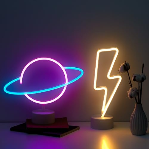 NELUX 2er-Pack Blitz und Planet - LED Lampe Neon Schild Wand Deko Gaming Zimmer, Neon Sign Kinder Gamer, Neon Schilder Light Room, Neonlicht Led Zimmerdeko, Bar. USB oder batteriebetrieben