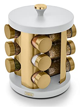 Tower T826022WHT Cavaletto 12 Jar Rotating Spice Rack with Pre-Filled Spices, Optic White and Champagne Gold