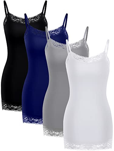 Bencailor 4er Pack Damen Lange Tank Tops, Spitze Camisole Hals Cami Verstellbarer Spaghettiträger Unterhemden für Frauen, Schwarz, Grau, Marineblau, Weiß, XX-Large