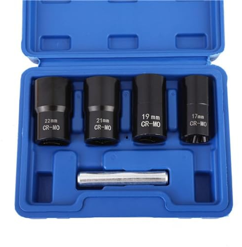LSLANSOON 1/2” Drive Impact Bolt Nut Extractor Set, 5pcs Locking Wheel Lug Nut Remover Kit 17mm 19mm 21mm 22mm Twist Socket Tool Set Including a Punch Rod