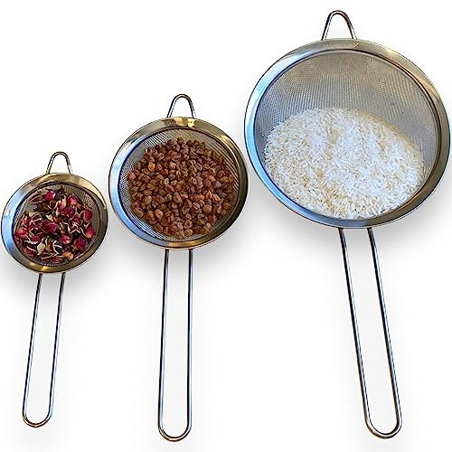 AHASON'S Fine Mesh Strainer Set of 3 pcs Stainless Steel Fine Mesh Sieve with Long Handle, Size Small- Medium- Large, (Stainless Steel 201)