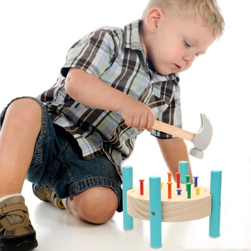 jojofuny Wooden Nailing Table Hammer Toy for Educational Baby Workbench with Bright Colours Hand-Eye Coordination Development Toy