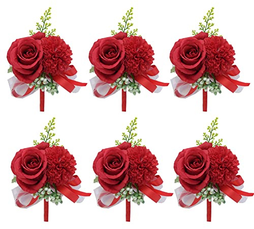 6 Stück Boutonniere Rose Hochzeit Künstliche Handgefertigte Satin Hochzeit Ansteckblume bräutigam Trauzeugen Handarbeit Corsage Knopfloch Blumen für Bräutigam Herren Braut Frauen,Rot