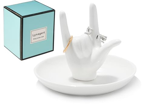 I LOVE YOU Hand Ring Holder - Ceramic Jewelry Holder Dish Trinket Tray for Rings, Earrings, Necklace Organizer, Engagement, Wedding, Christmas, Birthday Gifts (White)