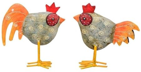 ETC frühlingshaftes kleines buntes Deko-Huhn und Deko-Hahn Metall bemalt im 2er Set grau
