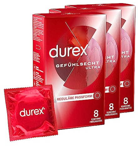 Durex Gefühlsecht Ultra Kondome – Extra dünne Spitze & mit Silikongleitgel befeuchtet – 24er Pack (3 x 8 Stück)