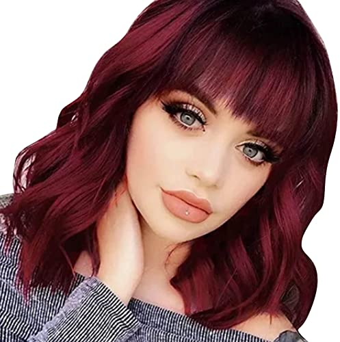 Perruque Bob Courte Bouclée Rouge Vin, Perruque Synthétique Résistante à la Chaleur Pour un Usage Quotidien, le Cosplay Et les Fêtes