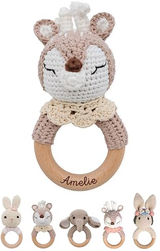 wunderwunsch® - Personalisierter Beißring Baby - Niedlicher Greifling für Baby's ab 0 Monate - Babyrassel mit Name als Baby Geschenk für Mädchen und Jungen (Reh mit beige Kragen,mit Gravur)
