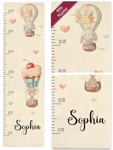 Messlatte Kind Holz - Tiere - Kindermesslatte Hase und Reh in Heißluftballon mit Name I Geschenk für Kinder - 0-60 cm - Holz - 160 tier meßlatte größe eichhörnchen metermaß mädchen