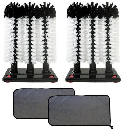 Glass Washer Brush - 2 Pack - 3 Brush Bar Glass Cleaner - Brushes for Large Cups Glasses and Bottles - Suction Cups for Stable Grip on Sink, Bar and Kitchen Top - includes 2X Cleaning Cloths