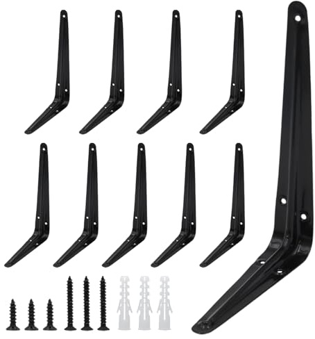 Lilaly Confezione da 10 staffe per mensole da 20 cm, resistenti staffe a L per mensole sospese con viti e tasselli da parete (15,2 x 20,3 cm, nero)