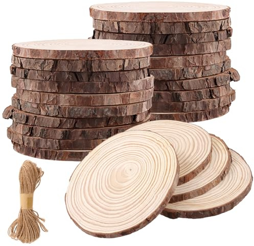 CHUENKUK 24 Stück Holzscheiben 14-16 cm, Baumscheiben mit Juteschnur, Holzkreise Naturholzscheiben für DIY, Deko