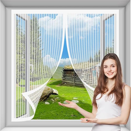 Cortinas Termicas Aislantes 124 x 140 cm, Se Cierra Automáticamente, Fácil Instalación sin Taladrar, Mosquitera Iman Fuerte, Malla Anti-Insectos, para Todas Las Puertas y Ventanas, Blanco