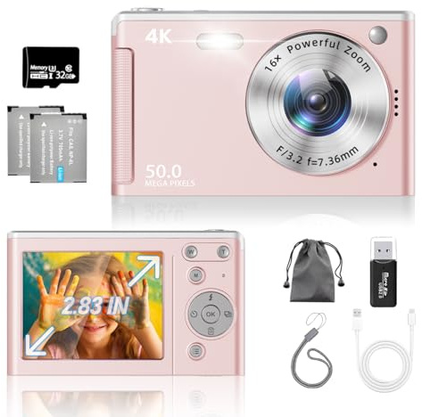 Appareil Photo Numérique, UHD 4K​​ 50MP Autofocus Digital Camera avec Carte SD 32 Go, Zoom 16X, Anti-Shake, 2 Grosses Batteries, ​​Appareil Photo Compact pour Enfants Adultes ​​Débutants​ (Rose)